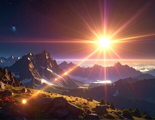 Pixelated Mountain Range Landscape Under a Bright Celestial Light Show at Twilight With Stars and Atmospheric Lens Flare in a Vast Expanse
