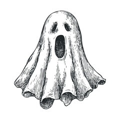 Classic spooky ghost figure for Halloween decoration ideas. Vector hand drawn illustration