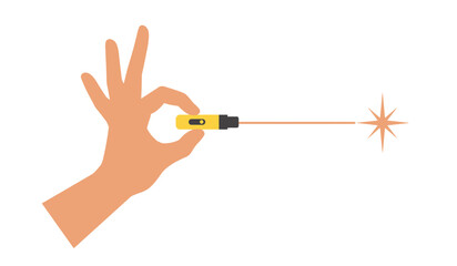 Hand holding dart with laser aiming for target with red beam emitting light rays of precision and accuracy isolated on white background