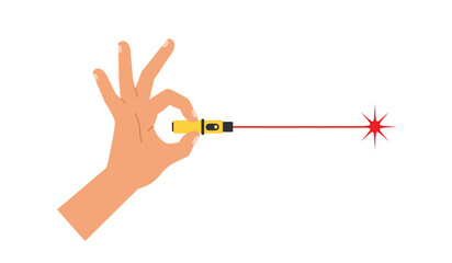 Hand gesture ok symbol with laser pointer emitting red light aiming at tiny red object represents precision and accuracy in technology and science isolated on white background