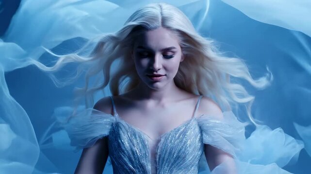 Elegant young woman in ice-blue couture gown. Dreamcore fantasy fashion. Ethereal medium portrait with wind-blown hair. Surreal chiffon textures. Cool color palette. Poster template.