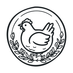 Chicken on a decorative plate surrounded by leaves. Vector line illustration