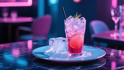 A vibrant pink cocktail with ice, lemon slice, and mint garnish served on a tray in a neon-lit bar setting.