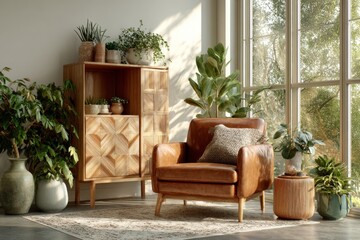 Cozy living room with leather armchair and indoor plants by window
