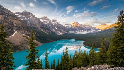 Summer scenic view of Lake Louise with its turquoise water reflecting the surrounding green forest and snow-capped mountains in Banff National Park, Canada