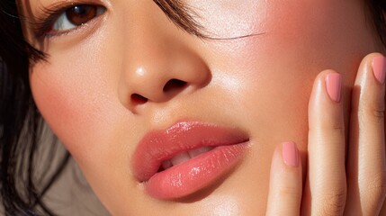 Naklejka premium Extreme close-up of Asian woman's face, showcasing radiant skin and beauty with cosmetic highlights
