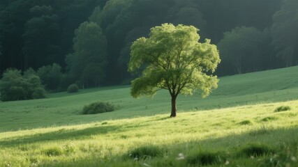 Solitary tree standing in a sunlit grassy field with forested background