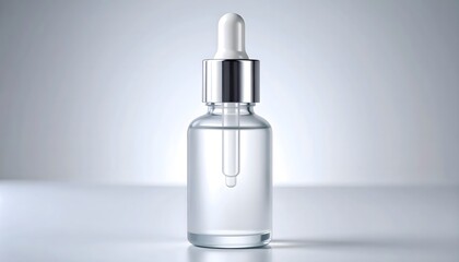 Clear glass bottle with a silver cap and dropper filled with transparent liquid on a gradient background.