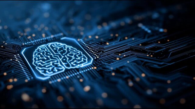 Microchip with illuminated brain symbol on circuit board, showcasing advanced technology and innovation in artificial intelligence, highlighting intricate electronic design and connectivity