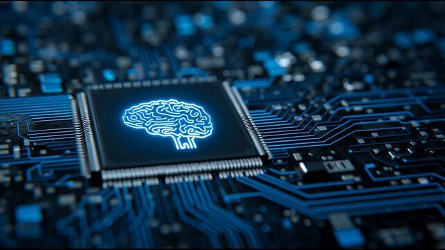 Microchip with illuminated brain symbol on circuit board, showcasing advanced technology and innovation in artificial intelligence, highlighting intricate electronic design and connectivity