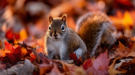 Fototapeta premium a captivating portrait of a squirrel nestled amongst vibrant fallen maple leaves in autumn's warm glow.