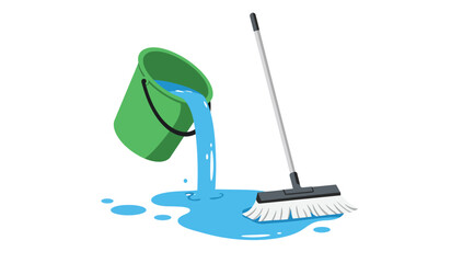 Green bucket spilling bright blue liquid onto a mop head for effective cleaning and spill management concept isolated on white background © rsvect02