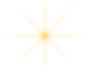Golden 8-point starburst lens flare glow isolated on transparent background, radiant shining light sparkle overlay design element
