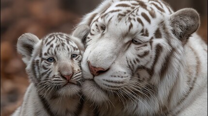a white tiger cub nuzzles affectionately against its mother's face, showcasing a tender moment of familial bonding.