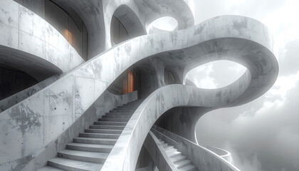 Obraz premium Futuristic concrete staircase with flowing organic architecture and ethereal lighting.