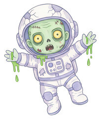 Obraz premium Halloween spooky space zombie astronaut dripping green slime with torn suit and cracked helmet floating in weightless eerie scene