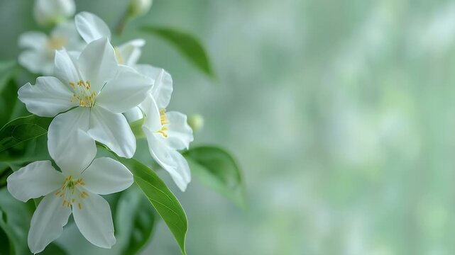 Delicate White Jasmine Blooms with Soft Focus on Light Green Background