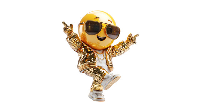 Emoticon dances in gold disco outfit sunglasses happiness party