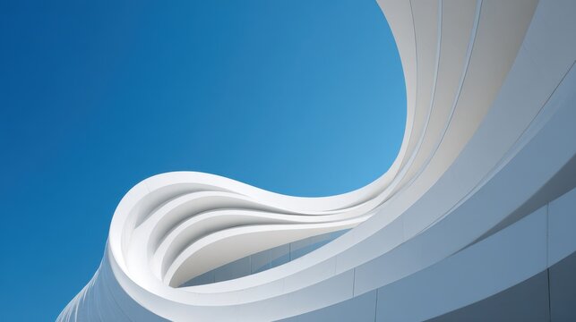 Flowing white curves of a modern architectural facade against a clear, vibrant blue sky.