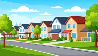 Pixelated Suburban Neighborhood Scene with Colorful Houses Green Lawns and Blue Sky