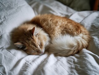 Peaceful long-haired ginger cat with a fluffy white tail sleeping curled up on a cozy bed.