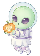 Cute alien astronaut holding glowing jack o lantern pumpkin halloween spooky space explorer with gentle expression and soft pastel color palette