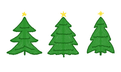 Hand-Drawn Christmas Tree Trio PNG with Crayon Texture Stylized Holiday Clipart with Yellow Stars on Transparent Background