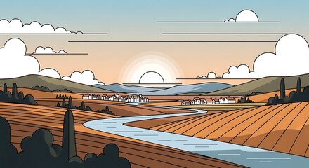 Serene Landscape with River and Fields at Sunset Illustration.