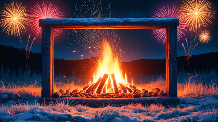 Blazing bonfire framed by festive fireworks and wooden structures under a night sky, symbolizing warmth, unity, storytelling, and seasonal celebration in a rustic setting