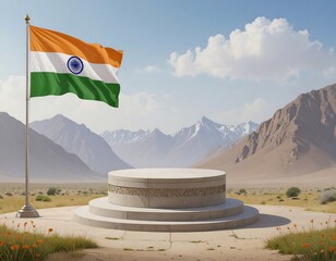 Indian flag, podium, mountain landscape