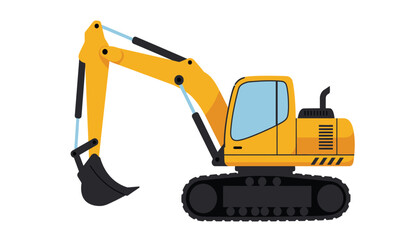 Heavy duty yellow excavator construction machine with articulated arm and bucket for earthmoving and digging projects isolated on white background