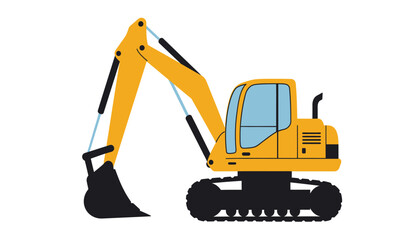 Yellow excavator machine with bucket and tracks ready for construction site work and heavy duty earthmoving tasks isolated on white background
