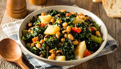 Hearty bowl of mixed greens, beans, and potatoes