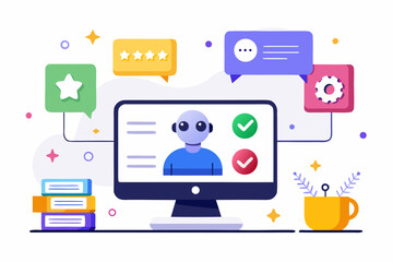 Vector flat illustration showing a man giving a star rating to an AI chatbot on a digital interface. Perfect for concepts related to customer feedback, online reviews, chatbot interaction, user satisf
