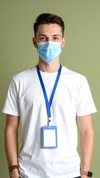 A young man wearing a blue surgical mask and a blank ID badge stands against a light green background.