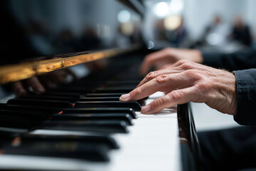 Young pianist performing classical piece during entrance exam, examiner blurred in background, 
