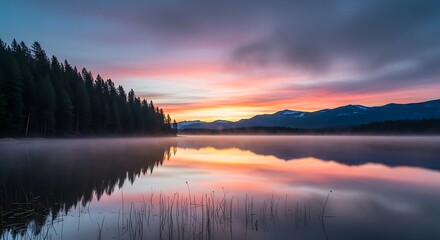 Serene Sunrise over Calm Lake and Misty Forest.