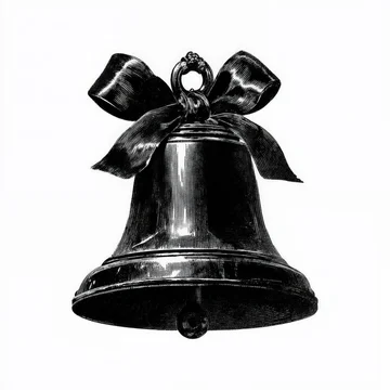 Elegant black and white engraving of a bell with a bow