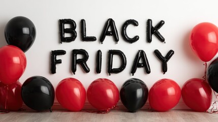 Celebration of Black Friday with black and red balloons in a festive setting
