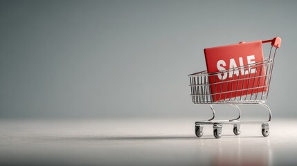 Shopping cart with a sale sign during a promotional event in a retail space