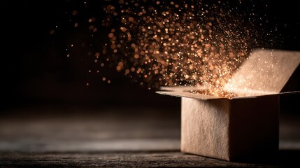 Open box releasing sparkling dust in a dimly lit setting creating a magical atmosphere