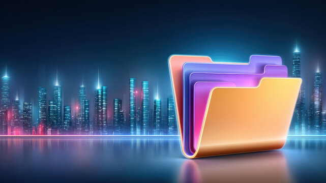 Colorful file folder icon with neon city skyline reflection and futuristic glow evoking digital organization and modern data storage - Powered by Adobe