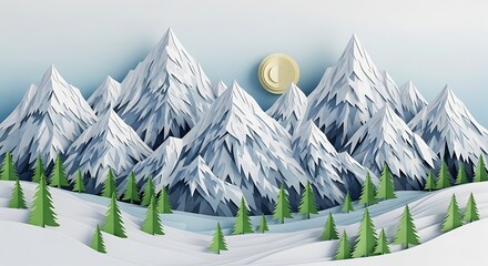Papercraft Mountain Landscape with Snow and Sun, Artistic Winter Scene.
