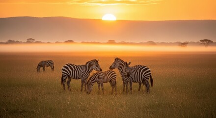Serengeti Sunrise Zebras Grazing in Golden Mist
