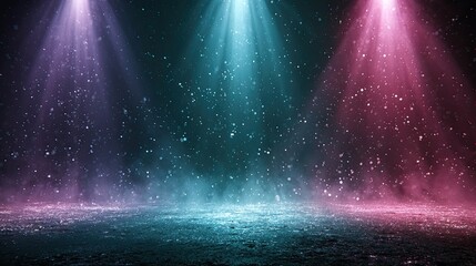 Colorful stage with pink blue and purple spotlight beams and glitter particles in the dark atmosphere