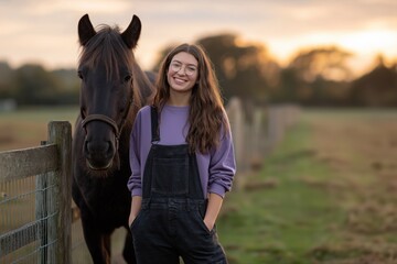 Fototapeta premium Young caucasian female with horse in pasture at sunset