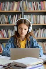 Girl wearing headphones studying with laptop and books in library focused on online learning session