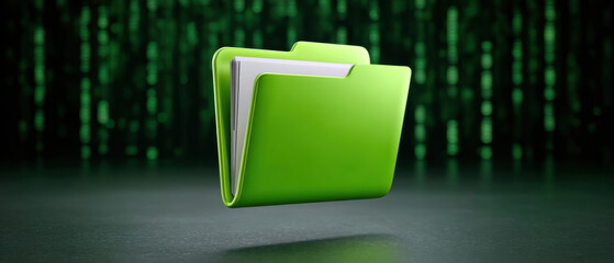 Green folder icon with documents floating above reflective surface front of digital code background conveying secure data access and calm