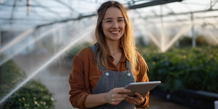Young caucasian female gardener holding tablet in greenhouse with irrigation system