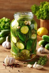 Homemade pickled cucumbers in glass jar with garlic dill herbs and spices on wooden rustic kitchen table